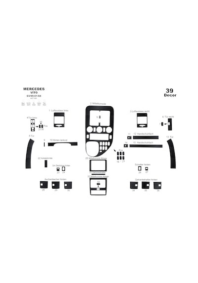 Mercedes Vito Caravan Torpido Kaplama 1999-2004 39 Parça Siyah Karbon