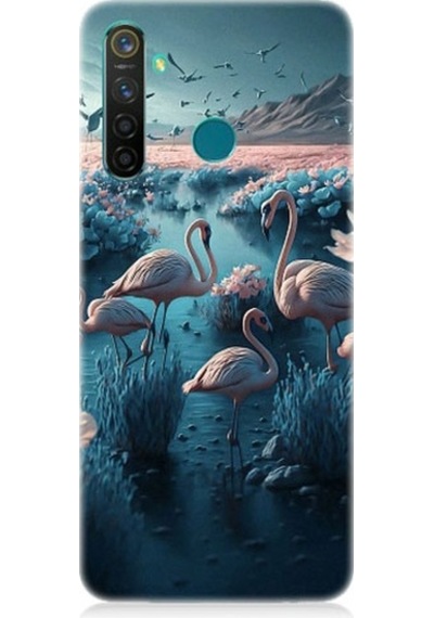 Realme 5 Pro Uyumlu Pembe Filamingolar Desenli Silikon Kılıf