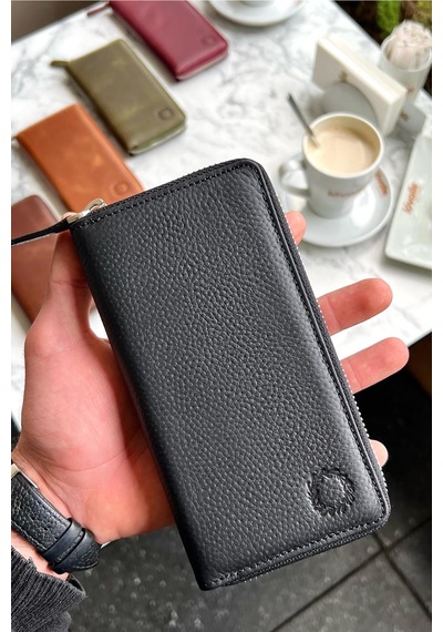 Leo Black Unisex Hakiki Deri Telefon Bölmeli Cüzdanı Siyah
