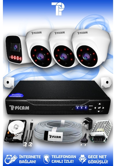 Picam 4 Kameralı Zebra 3 İç Kamera Set 320 Gb 5 Mp 2k Net Gece Görüşlü Güvenlik Kamerası Sistemi
