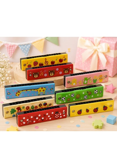 2 Adet Çocuklar İçin Ahşap Mızıka Çocuk Oyuncağı Renkli Desenli Müzik Aleti Eğitici Eğlenceli Hediye