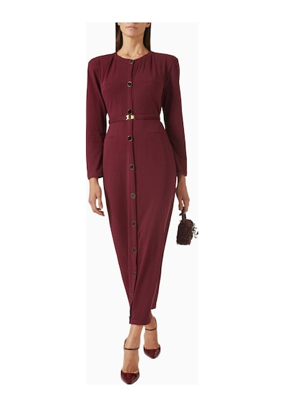 Rowen Rose Belted Cardigan Dress, Lüks Örgü Kumaşlı Kuşaklı Şık Triko Elbise Abiye Bordo 42