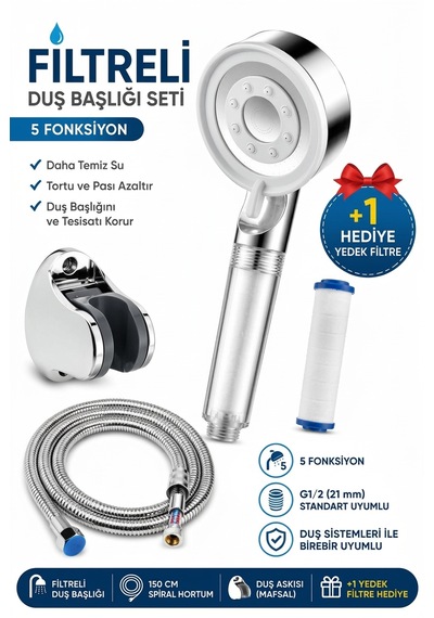 Filtreli Duş Başlığı Seti Duş Başlığı + Hortum + Mafsal + 1 Adet Yedek Filtre Beyaz