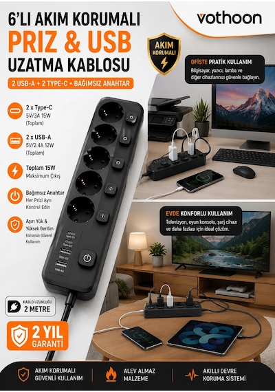 Akım Korumalı 5 Li Priz 2xusb 2xtype-c Çıkış Akım Koruma Çoklu Priz Çoğaltıcı Anahtarlı Ftr-31 Siyah 2 M