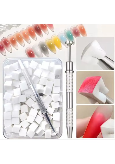 Nail Art Ombre Süngeri 200 Adet Beyaz Sünger + 1 Adet Metal Tutucu Set