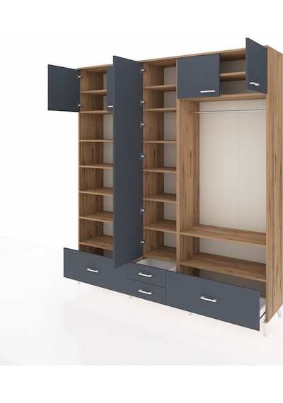 Hyperion Dolap 18 Raflı 4 Çekmeceli Tek Askılı 220x44x243 Çam-antrasit/antrasit Antrasıt/antrasıt