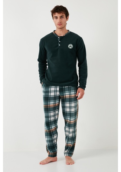Buratti Ekoseli Regular Fit Düğmeli Bisiklet Yaka Kışlık Polar Erkek Pijama Takımı 60961008 Yeşil