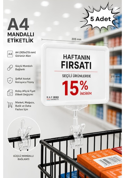 5 Adet - A4 Mandallı Fiyatlık Etiketlik Sepet Raf Askılık Fiyat Etiketi Çerçeveli Market Mağaza Beyaz