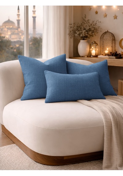 Br Perle İndigo Keten Dokulu Dekoratif Kırlent Kılıfı Modern Salon Koltuk Yastığı