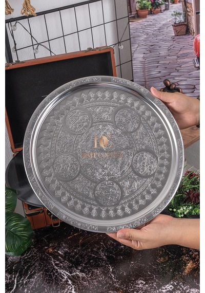 3 Lü 35 Cm Nakışlı Krom Çelik Tepsi Seti 430 Kalite Özel Motifli Servis Tepsisi Makinede Yıkanabilir Gümüş