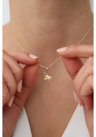 14 Ayar Altın Siyah Taşlı Minimal Flamingo Kolye Sarı Altın