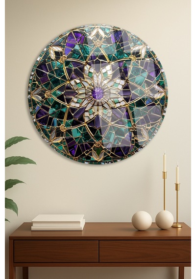 Altın Mandala Çiçek Desenli Yuvarlak Cam Tablo Modern Duvar Dekoru Uv Baskılı Canlı Renkler Yatak Odası Ve Antre Yeni Ev Hediyesi