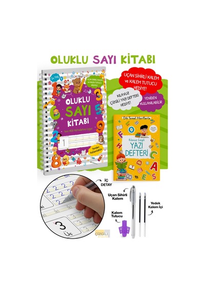 Oluklu Sayı Kitabı - Sihirli Kalem Seti - Kabartmalı Yeniden Kullanılabilir Yazma Öğrenme Kitabı