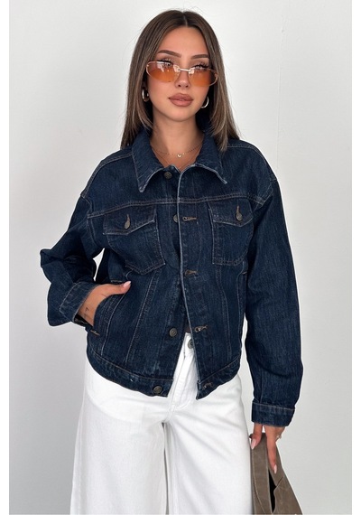 Kadın Koyu Mavi Oversize Beli Lastikli Düğmeli %100 Pamuk Kot Ceket 2 Beden Küçük Alın Lara-5009