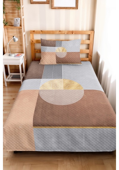 Geometrik Gri Genç Odası Tek Kişilik Pike Takımı - Modern Vizon Bej 160x220 Cm Kapitone Yatak Örtüsü Kırık Perde Kırığı