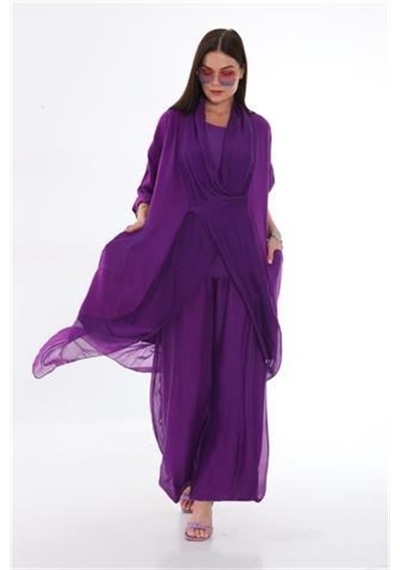 Italyan Ipek Detaylı Oversize Kap Bluz- Wes Pantolon Takım Mor