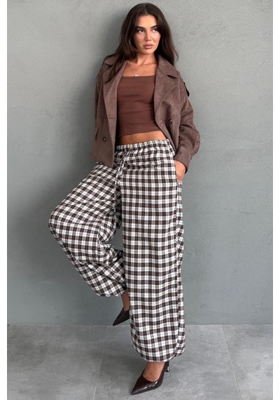 Madmext Kahverengi Ekose Desenli Beli Lastikli Balon Pantolon Mg2905