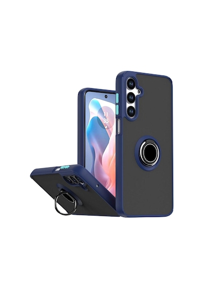 Samsung Galaxy A36 Uyumlu Kılıf Yüzüklü Standlı Extra Darbe Koruma Sert Silikon Kapak-Lacivert