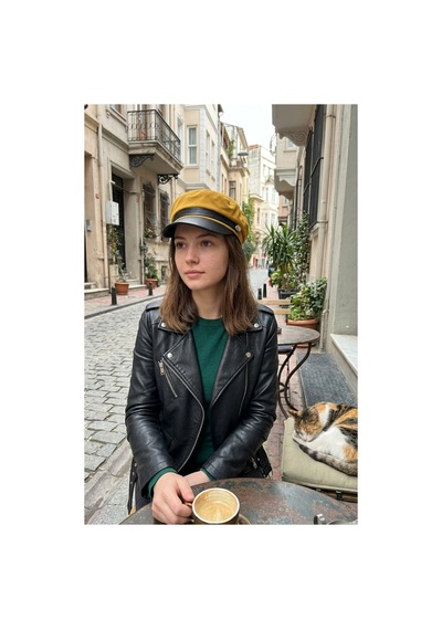 Emybox Kadın Süet Dokulu Deri Siperlikli Kaptan Şapka Vintage Kasket Şerit Detaylı Kışlık Ressam Şapkası Baker Boy Trend Aksesuar Hardal Sarı