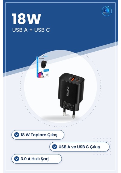 Şarj Aleti 18w 3.0a Hızlı Usb A Ve C Pd Çıkışlı Siyah Ev Tipi Duv