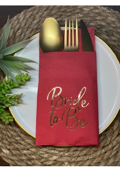 Gold Yaldızlı Kırmızı Bride To Be Cepli Peçete 12 lı 40x40