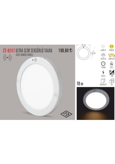 Cata Ct-9247 18W Led Panel Armatür Sensörlü Lamba Sıva Üstü Beyaz