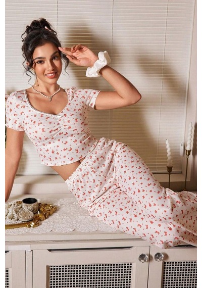 Bella Notte Ekru V Yaka Kısa Kollu Pijama Takımı