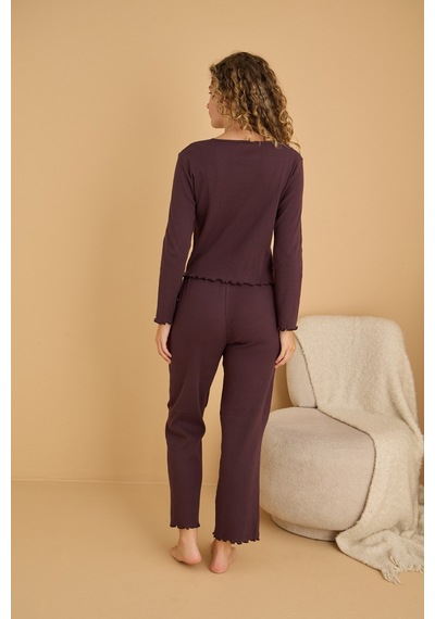Siyah İnci Pamuklu Dantelli Fitilli Örme Pijama Takım25226005 Mürdüm
