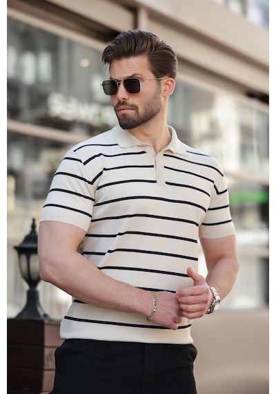 Madmext Bej Çizgili Polo Yaka Erkek T-shirt E7405 Bej