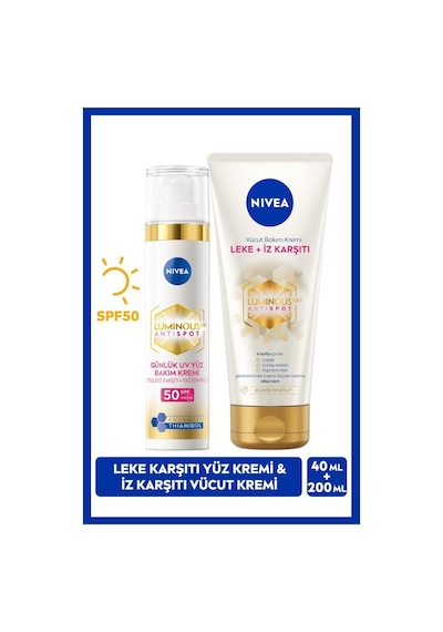 NIVEA Luminous630 Leke Karşıtı Gündüz Yüz Bakım Kremi 40 ML + Leke İz Karşıtı Nemlendirici Vücut Bakım Kremi 200 ML