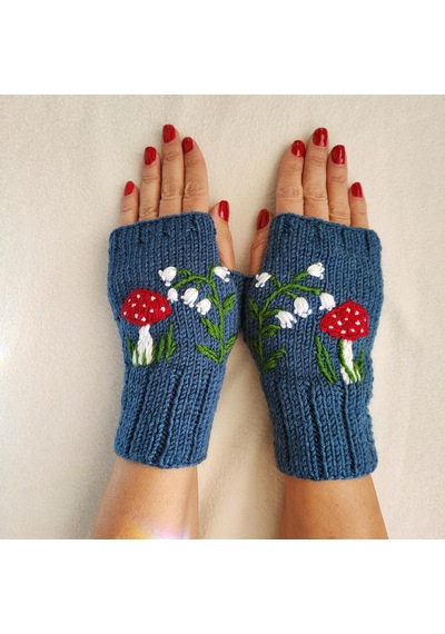 Newdaycraft El Örgüsü Motifli Parmaksız Eldiven / Bileklik - Mantar Mavi