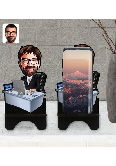 Kişiye Özel Erkek Genel Müdür Karikatürlü Ahşap Biblo Telefon Sta
