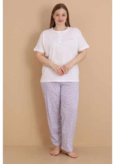 Wordex Mirano 4514 Çiçekli Kısa Kollu Pamuklu Penye Büyük Beden Kadın Pijama Takımı Ekru