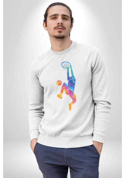 Smaç Basketbol Renkli Unisex Beyaz Baskılı Sweatshirt Beyaz