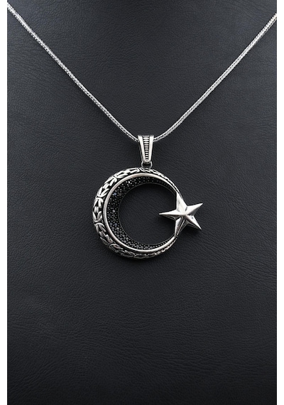 Ay Yıldızlı Ay Yıldız Zirkon Taş Süslemeli Kolye Gümüş Zincir 925 Ayar