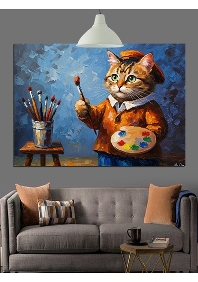 Ressam Kedi Fırça Tutuyor Dekoratif Kanvas - Mdf Ahşap Tablo