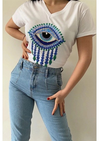 Cassime Kadın Beyaz V Yaka Göz Pul Payet Işlemeli %100 Pamuk Tişört S-m-l-xl-2xl-3xl