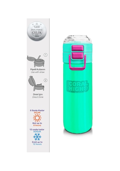Coral High Kids Pembe Su Yeşili Pipetli Ve Direkt İçim Çelik Termos 500 Ml 31825 Su Yeşili