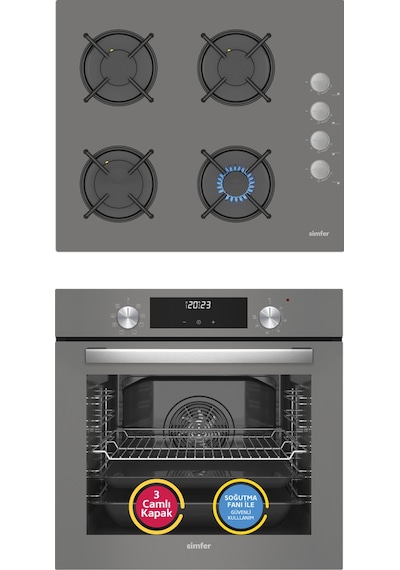 Simfer 9 Fonksiyon QS Dijital Gri 2'li Ankastre Set (8223 Fırın + 3538 Ocak)