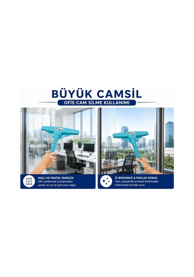 Büyük Cam Sil 33 Cm Profesyonel Silikon Cam Çekçek, Ayna, Duşakabin, Fayans Ve Araç Camı İçin İz Bırakmayan Cam Temizleme Aparatı Çekpas, Mop, Camsil, Çek Pas