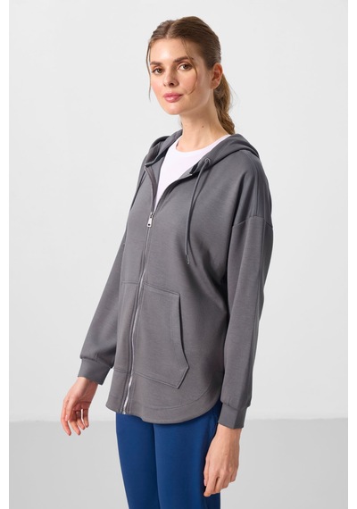Tommylıfe Koyu Gri Yumuşak Dokulu Kapüşonlu Oversize Kadın Tunik Sweatshirt - 97302