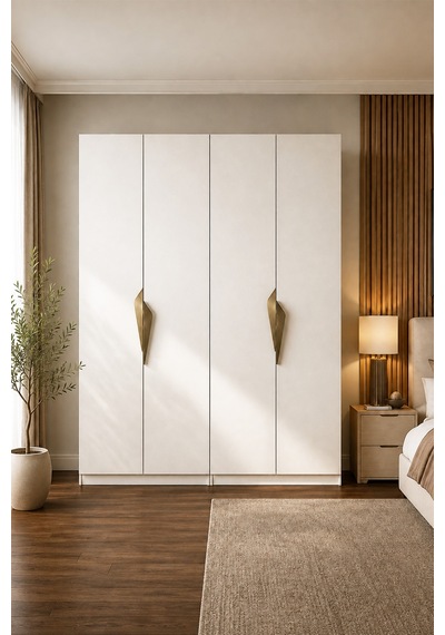 Gama 4 Kapaklı Askılı + Askılı Raflı Tasarım Kulplu 253 Cm Gardırop Elbise Dolabı Beyaz