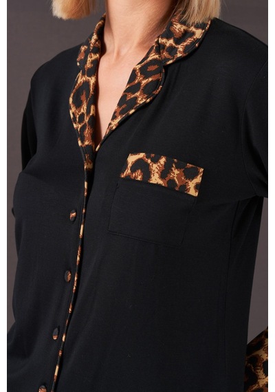 Pjs 26006 Kadın Patlı Boydan Düğmeli Leopar Desenli Uzun Kollu Pijama Takım Siyah