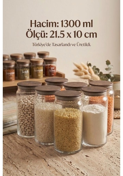 Nero Zone Bambu Kapaklı Cam Saklama Kabı 1300 Ml 12'li - Vakumlu Kiler Bakliyat Kavanoz Seti Ahşap - Şeffaf