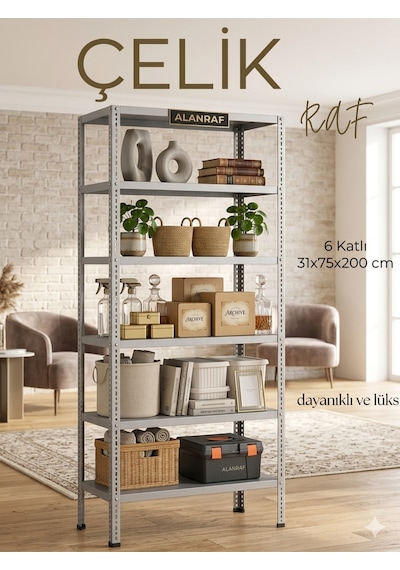 6 Katlı 31x75x200 Cm Galvaniz Çelik Raf, Çok Amaçlı Kullanılabilen Dekor Ve Depo, Market, Ofis Rafı