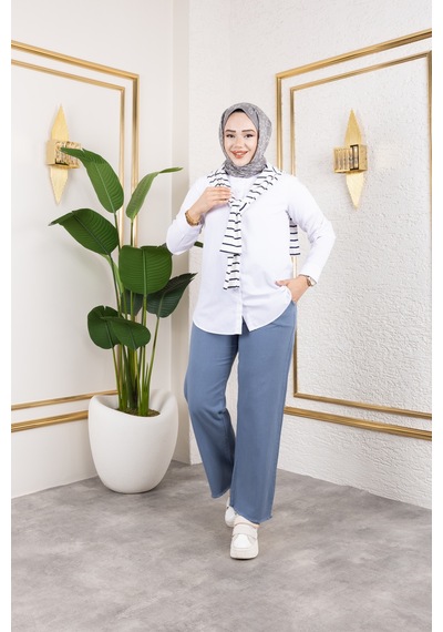 Nevayla Moda Beli Lastikli Keten Pantolon - Mavi / A0104 Mavi