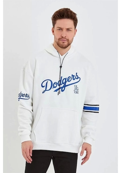 Erkek Baskılı Kapüşonlu Üç İplik Oversize Sweatshirt - Beyaz