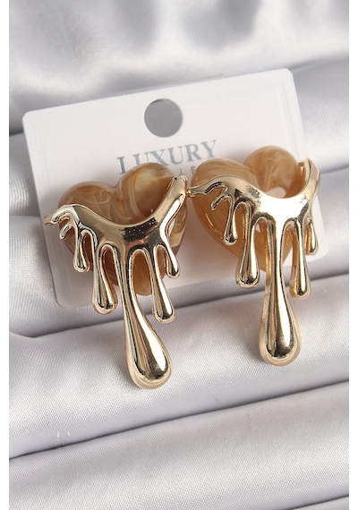 Pirinç Gold Renk Krem Sedefli Akan Kalp Model Kadın Küpe Çok Renkli