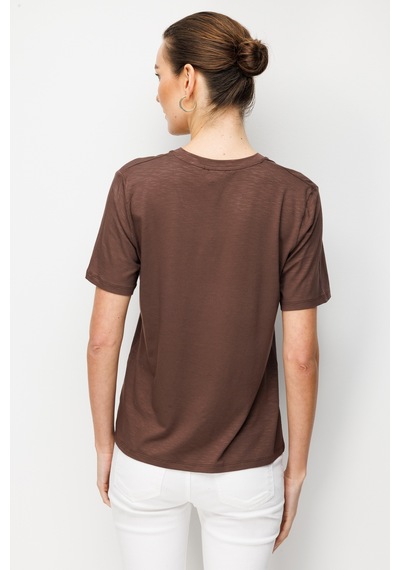 Kadın V Yaka Flamlı Kumaş Basic Tshirt K.kahve Kahve