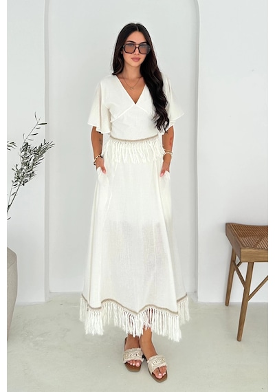 Asprin Fashion Püsküllü Bluz Etek Takım Beyaz Beyaz